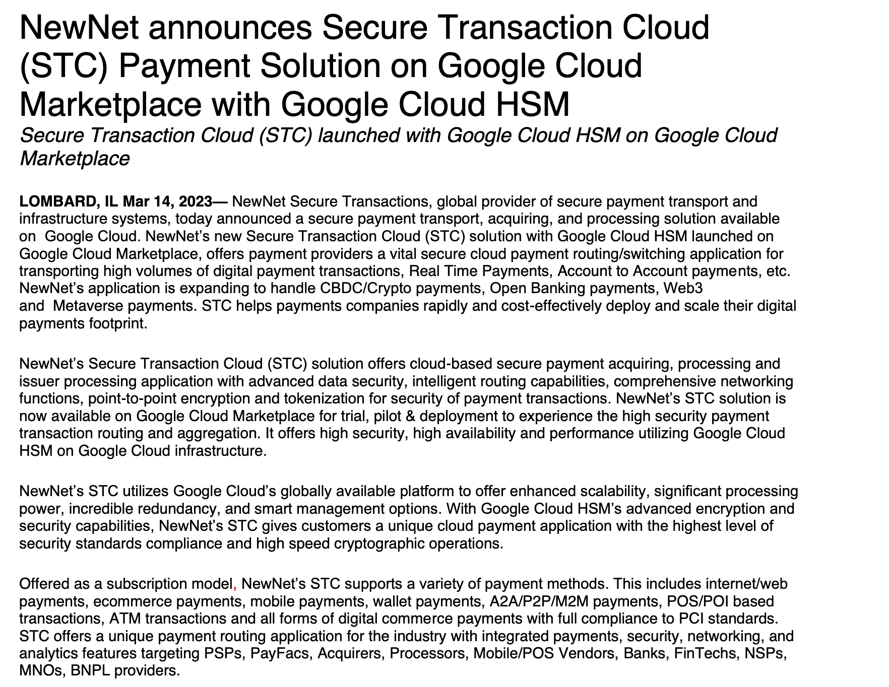 NewNet announces Secure Transaction Cloud (STC) Payment Solution on Google Cloud Marketplace with Google Cloud HSM